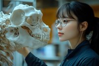 Young Asian female scientist in glasses examining primate skull specimen in laboratory setting. Side profile view with dramatic lighting creates educational atmosphere.