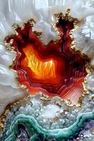 Macro photography of agate crystal slice showing vibrant red, orange and turquoise layers with golden edges and white crystalline formations. Natural mineral abstract.