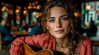 Young woman musician with curly hair playing acoustic guitar in cozy cafe with warm bokeh lights creating intimate atmosphere for music performance.