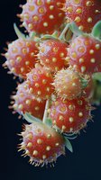 Macro photography of spiky red and yellow virus-like spherical structures with protruding spines against dark background, scientific medical research concept.