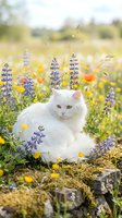 White cat with amber eyes resting among wildflowers including lupines and dandelions in a sunny meadow. Suitable for pet, nature, and lifestyle content.