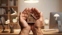 Hands holding wooden house model with financial icons representing insurance, investment, and property protection in modern office setting.