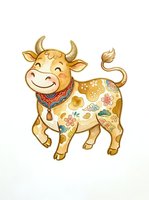 Cheerful cow character with decorative floral patterns and red bandana, isolated on white background. Suitable for children's books, clipart, t-shirt designs, and greeting cards.