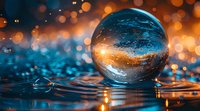 Crystal ball on water surface reflecting sunset sky with bokeh lights creating magical atmosphere. Orange and blue colors merge in dreamy composition.