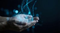 Digital transformation concept with glowing network connections floating above cupped hands against dark background for technology presentations.