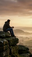 Man sitting on rocky cliff edge overlooking misty valley landscape at sunrise, wearing black jacket and jeans, contemplating scenic mountain vista with fog-covered terrain below.