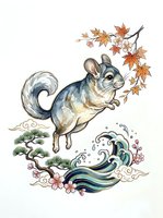 Playful chinchilla jumping among autumn maple leaves and flowing water waves with decorative floral elements, isolated on white background for design projects.