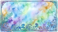 Watercolor gradient background with soft pastel colors blending from purple, blue, green to yellow, featuring ornate decorative border with carousel horses silhouettes.