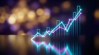 Glowing neon financial growth chart with ascending bars and arrow on dark bokeh background for business presentations and investment concepts.