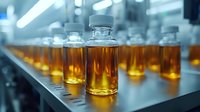 Rows of amber liquid samples in clear bottles on laboratory shelf, selective focus on single bottle in pharmaceutical or chemical testing facility.