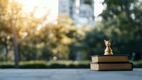 Golden chess knight piece atop stacked books on concrete surface with blurred urban park background in warm sunset light.