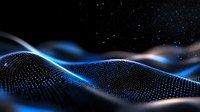 Futuristic digital wave landscape with glowing blue particles and dots forming undulating surface against starry dark background. Technology concept.