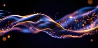 Magical glowing waves with sparkles and bokeh effects in dark space, flowing abstract lines in blue, gold and purple colors creating cosmic atmosphere.