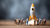 Miniature people watching rocket launch with smoke effect on blurred background, startup business concept and innovation metaphor.