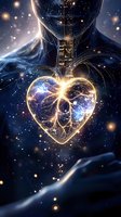 Glowing heart-shaped pendant with cosmic energy and light effects against dark background, featuring magical sparkles and ethereal blue illumination.