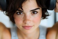 Young woman with freckles, short dark hair and natural makeup wearing headphones smiles at camera in closeup portrait showing genuine expression and brown eyes.