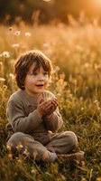Adorable toddler boy with curly hair sitting in golden meadow during sunset, wearing cozy sweater among wildflowers for family lifestyle content.