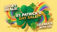 St. Patricks Day sale banner with shamrocks, gold coins, and rainbows on yellow background. Lucky deals celebration promotional design.