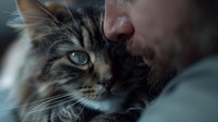 Close-up portrait of tabby cat with blue eyes receiving affection from bearded man, intimate emotional moment between pet owner and feline companion.
