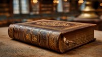 Antique leather-bound book with ornate golden decorative patterns on wooden table in vintage library setting with warm ambient lighting and blurred bookshelf background.