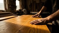 Skilled craftsman hands smoothing wooden plank in sunlit workshop. Traditional woodworking and carpentry craftsmanship for furniture making and construction projects.