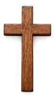 Simple wooden cross made from natural brown oak on white isolated background, showing detailed wood grain texture and traditional Christian religious symbol.