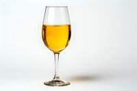 Glass of golden white wine on white background with soft shadow, elegant stemware isolated for restaurant menu, beverage advertising and wine tasting promotion.