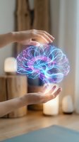 Hands protecting glowing digital brain with neural networks representing mental health, artificial intelligence, psychology, and cognitive science concepts.