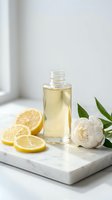 Transparent glass bottle filled with pale yellow essential oil or serum displayed on white marble surface with fresh lemon slices and white peony flower for skincare and beauty product marketing.
