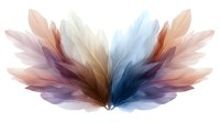 Ethereal feather wings in soft pastel colors spread gracefully against white background, featuring delicate overlapping layers in blue, peach, and purple tones. Isolated design element.