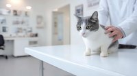 Gray and white domestic cat being examined by veterinarian in modern clinic examination room for pet healthcare and medical checkup services.