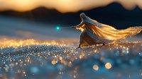 Magical fairy tale character in flowing golden dress walks on sparkling surface holding glowing wand at dusk, fantasy scene with bokeh light effects and dreamy atmosphere.