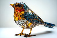Stained glass style bird with mosaic pattern in blue and orange colors against light background, decorative artistic design for home decor and wall art.