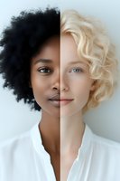 Creative split portrait showing contrast between African and Caucasian women with distinctive natural hairstyles and features, wearing white against light background.