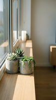 Small succulent plants in concrete pots on wooden windowsill with natural sunlight creating warm shadows in minimalist modern interior design.