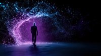 Silhouette of person walking through glowing network tunnel with purple and blue light particles, digital connections forming abstract cosmic pathway on dark background.