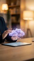 Businessman hands protecting holographic cloud computing data storage above tablet in modern office environment for digital transformation concepts.