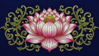 Ornate lotus flower with decorative golden scrollwork on dark blue background for spiritual and wellness designs.