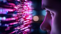 Young Asian woman looking at glowing pink computer code data stream, digital technology concept visualization for artificial intelligence and machine learning.