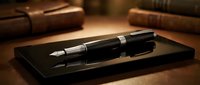 Elegant black fountain pen with chrome accents resting on black presentation box, surrounded by leather-bound books on wooden surface. Suitable for business, luxury, writing, and stationery design projects.