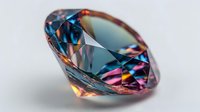 Colorful diamond gemstone with rainbow reflections on gray background, showcasing brilliant facets and light dispersion for luxury jewelry design.