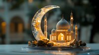 Decorative Ramadan crescent moon with illuminated mosque miniature on display, creating magical atmosphere for Islamic holiday celebration.