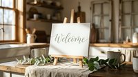 Rustic kitchen table with wooden easel displaying welcome sign, eucalyptus branches and ceramic mug creating cozy farmhouse home decor atmosphere.