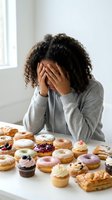 Young African American woman covering face with hands in distress surrounded by donuts and pastries on white table expressing diet guilt and overeating regret.