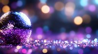 Glittering disco ball with purple and gold bokeh lights creating magical party atmosphere on dark background. Festive nightclub entertainment concept.