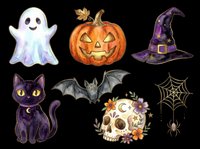 Cute ghost, carved jack-o-lantern pumpkin, purple witch hat, black cat, bat, floral skull, spider web and spider isolated on transparent background. Ready for t-shirts, stickers, clipart and sublimation designs.