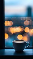 Coffee cup on windowsill with warm bokeh city lights at dusk creating cozy atmosphere for relaxation and contemplation moments.