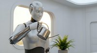 Humanoid robot with artificial intelligence sitting in modern futuristic interior thinking pose. Advanced robotics technology concept for automation.