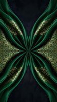 Luxurious emerald silk fabric with ornate gold filigree patterns creates a symmetrical, kaleidoscopic design. Rich jewel tones and intricate baroque detailing ideal for elegant backgrounds.