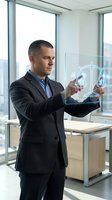 Professional businessman using holographic justice scales interface in modern office environment for legal technology and digital law solutions.